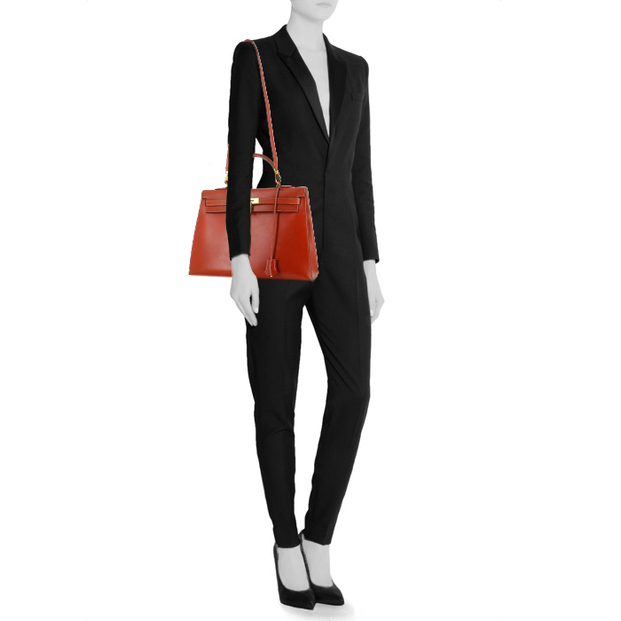 Sac à main Hermes Kelly 35 cm en cuir box rouge-brique - Detail D1