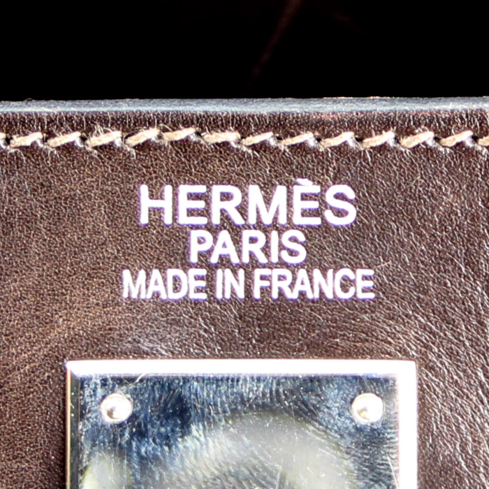 Sac à main Hermes Kelly 35 cm en toile marron et cuir marron - Detail D4