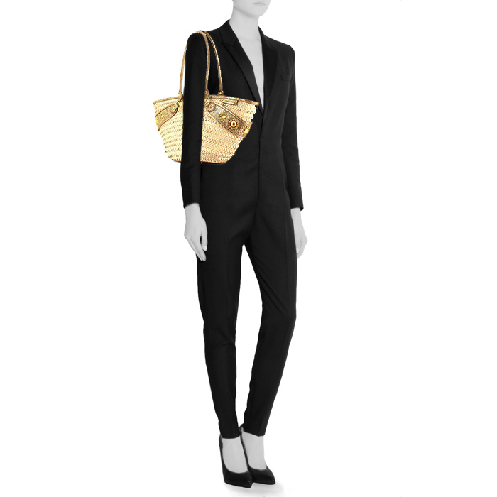 Shopping bag in vimini beige e pelle dorata - Detail D1