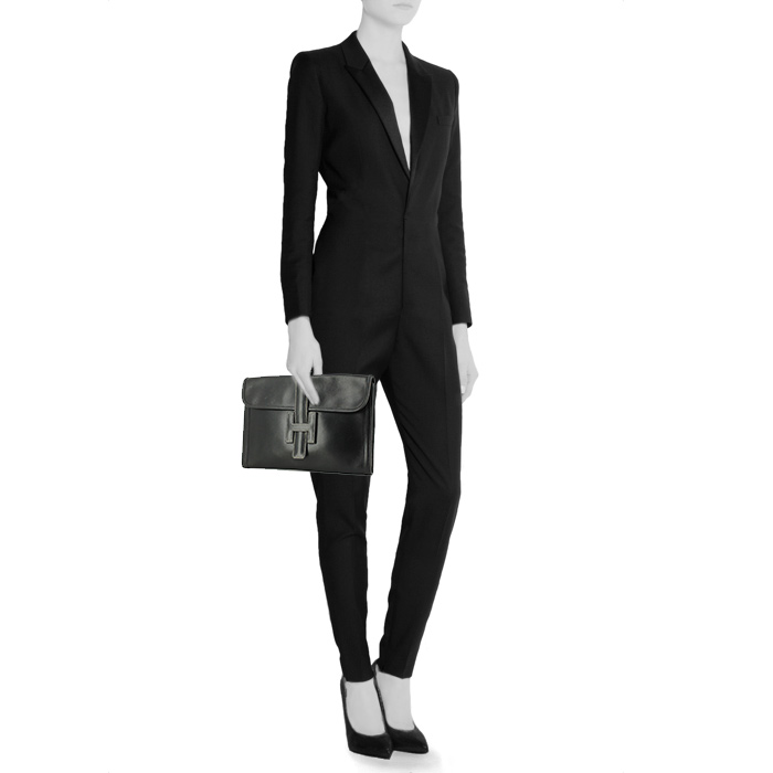 Bolsito de mano Hermes en cuero box negro - Detail D1