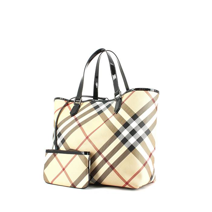 Burberry shopping bag in beige Haymarket canvas and black patent leather