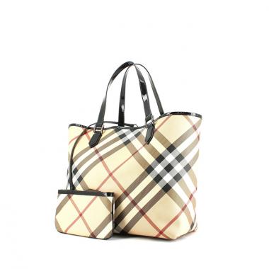 Sac cabas Burberry en toile Haymarket beige et cuir vernis noir