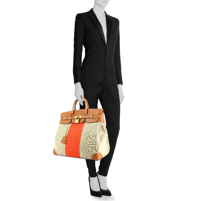 Borsa weekend Haut à Courroies in tela beige e arancione e pelle Barenia gold - Detail D1