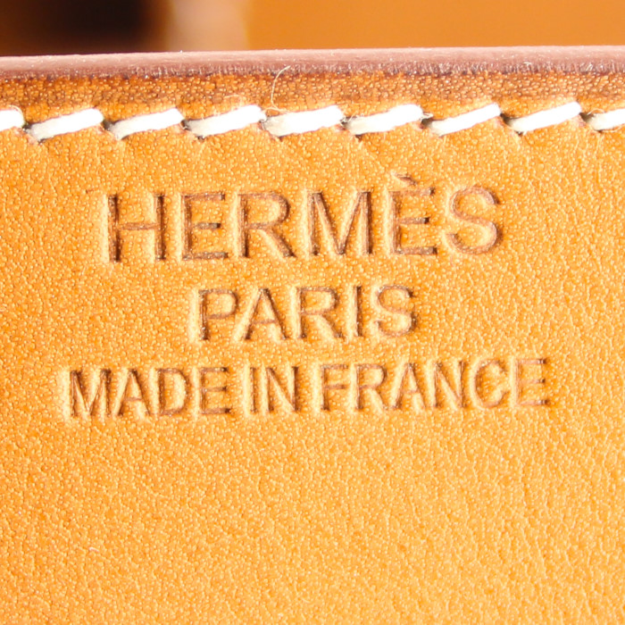 Sac de week end Hermes Haut à Courroies en toile beige et orange et cuir Barénia gold - Detail D3