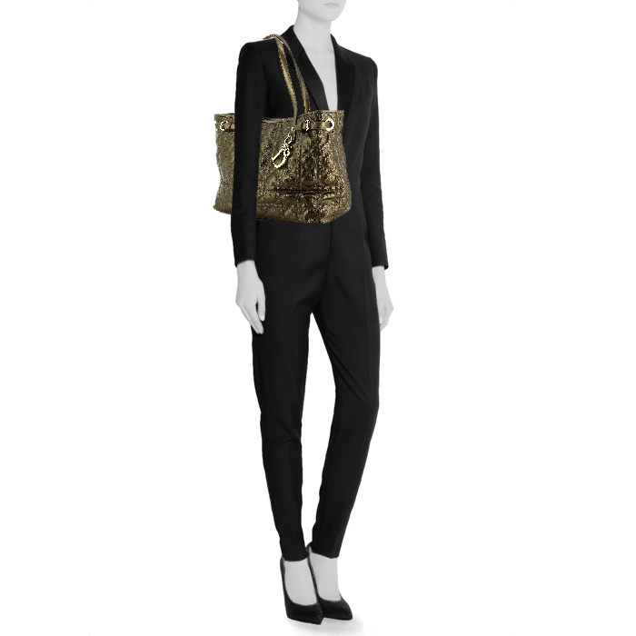 Shopping bag modello grande in tela cerata bronzo e pelle bronzo - Detail D1