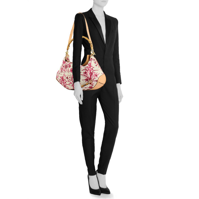 Gucci Bamboo handbag in pink and white canvas and natural leather - Detail D1