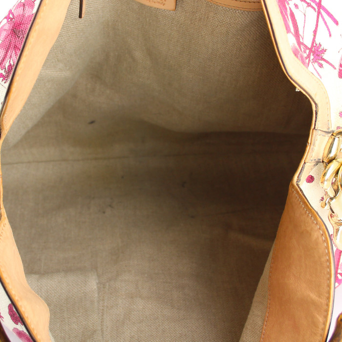 Gucci Bamboo handbag in pink and white canvas and natural leather - Detail D3