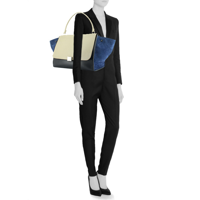 Borsa Celine Trapeze modello grande in pelle nera e etoupe e tessuto scamosciato blu - Detail D1