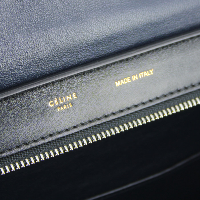 Bolso de mano Celine Trapeze modelo grande en cuero negro y marrón etoupe y ante azul - Detail D3