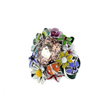 Sortija Dior Jardin de Milly-la-Forêt modelo grande en oro blanco,  esmalte multicolor y piedras preciosas y en morganita rosa pálido