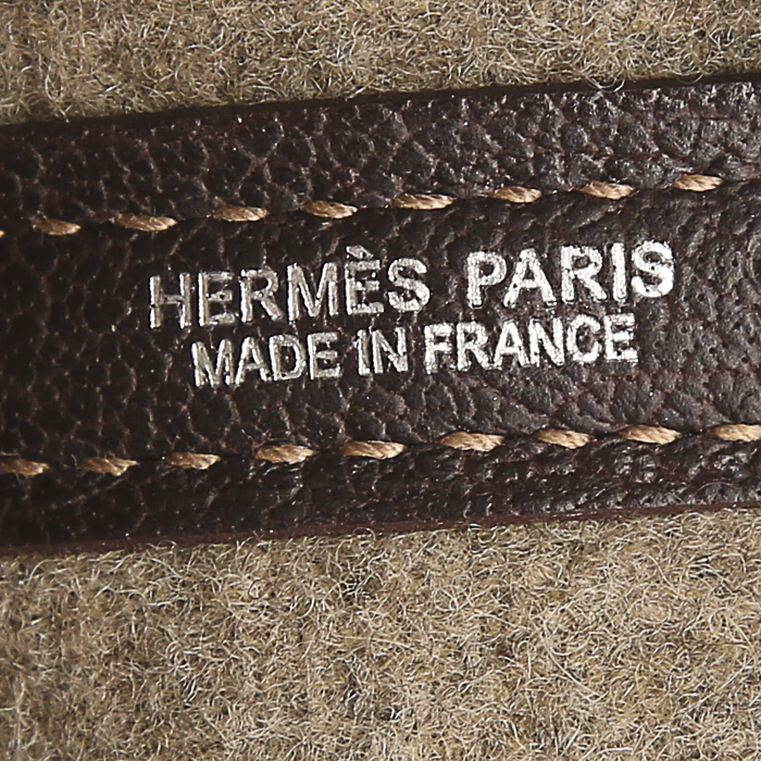 Sac cabas Hermes Garden en laine beige et cuir marron-foncé - Detail D3