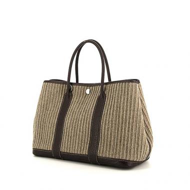 Sac cabas Hermes Garden en laine beige et cuir marron-foncé