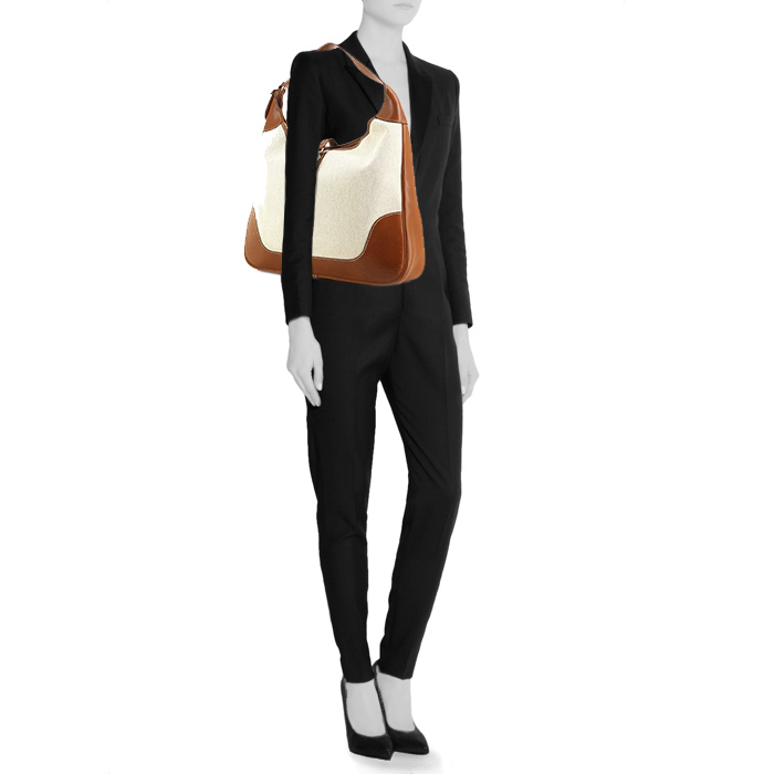 Hermes Trim handbag in beige canvas and brown leather - Detail D1