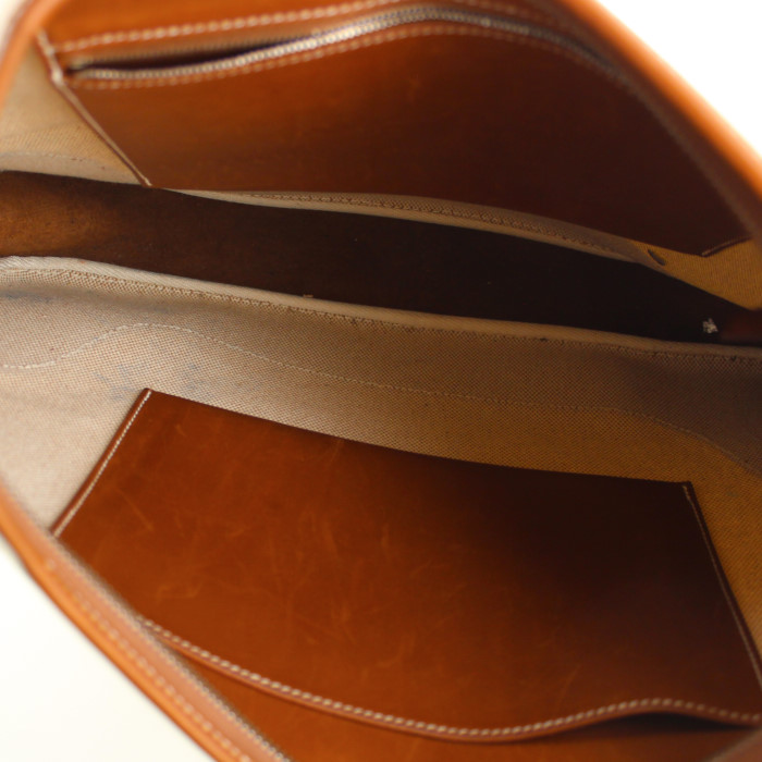 Sac à main Hermes Trim en toile beige-écru et cuir marron - Detail D2
