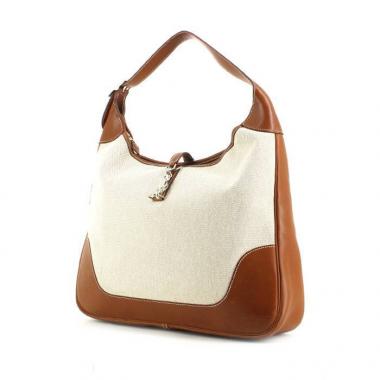 Bolso de mano Hermes Trim en lona beige crudo y cuero marrón