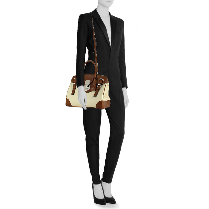 Sac à main Ralph Lauren en cuir marron et beige - Detail D1