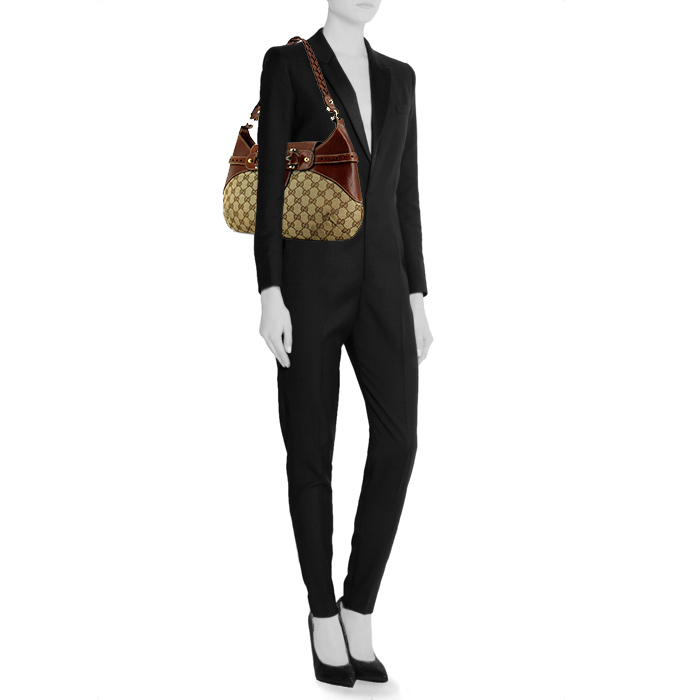 Gucci Pelham handbag in beige monogram canvas and brown leather - Detail D1