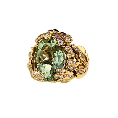 Anello Dior Gourmande modello grande in oro giallo,  diamanti e zaffiri e quarzo verde