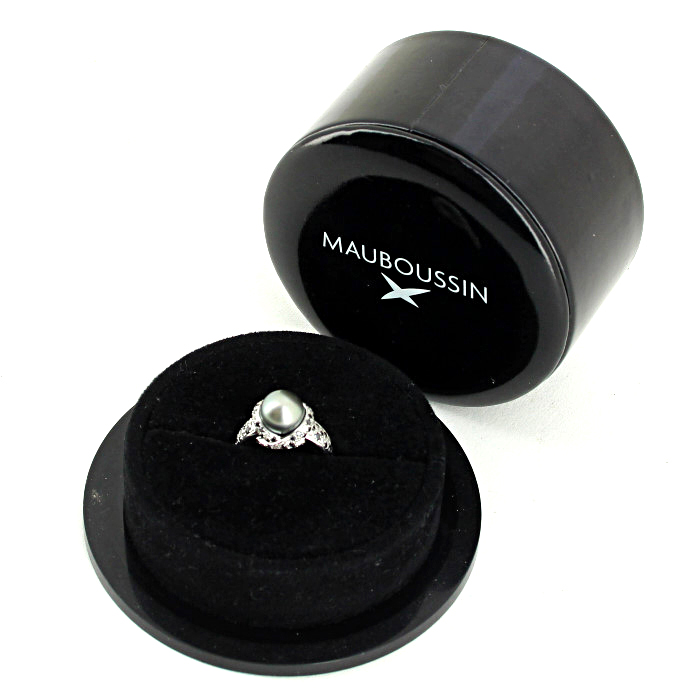 Sortija Mauboussin Perle Caviar Mon Amour en oro blanco,  diamantes blancos y diamantes negros y en perla cultivada gris plateado - Detail D2