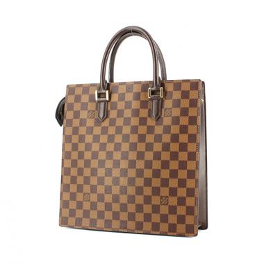 Shopping bag Louis Vuitton in tela cerata con motivo a scacchi e pelle marrone