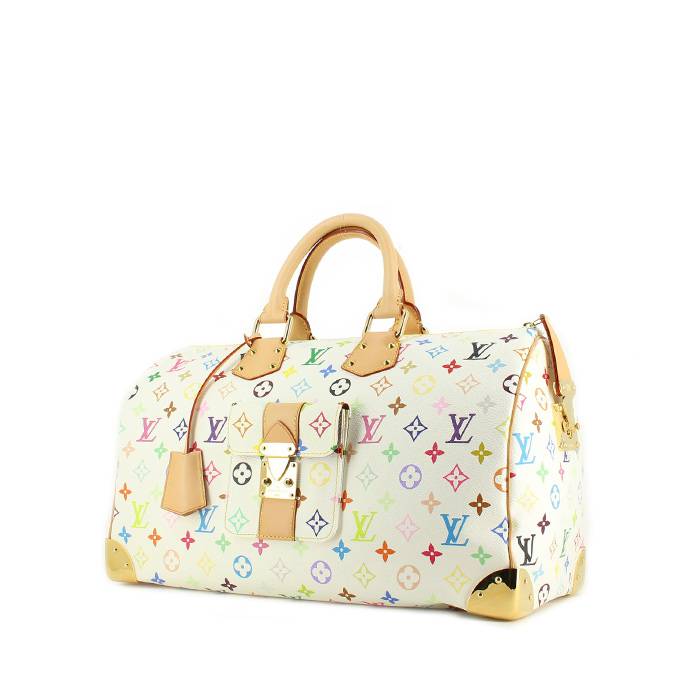 Sac à main Louis Vuitton Speedy 40 en toile monogram multicolore blanche et cuir naturel