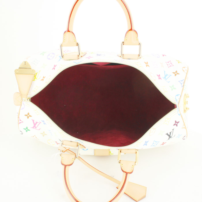 Borsa Louis Vuitton Speedy 40 in tela monogram multicolore bianca e pelle naturale - Detail D2