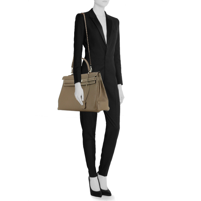 Borsa Kelly 35 cm in pelle taurillon clemence marrone talpa - Detail D1