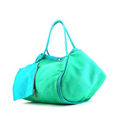 Sac cabas Hermes Lindy en toile verte et turquoise