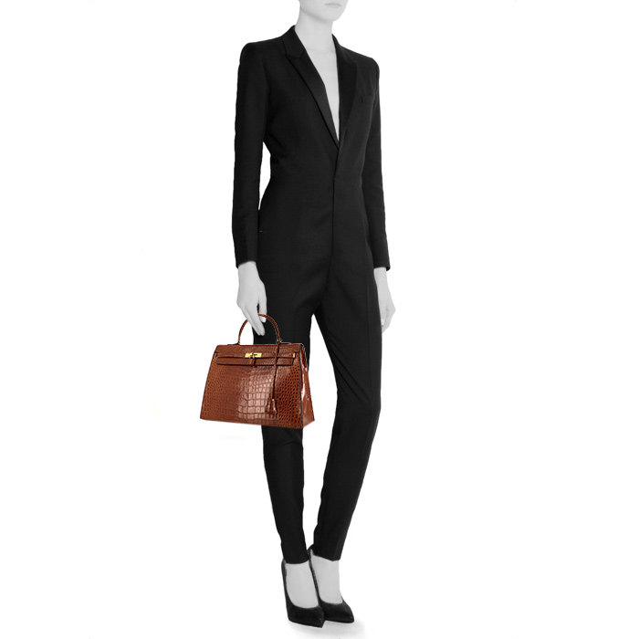 Sac à main Hermes Kelly 35 cm en crocodile porosus marron-caramel - Detail D1