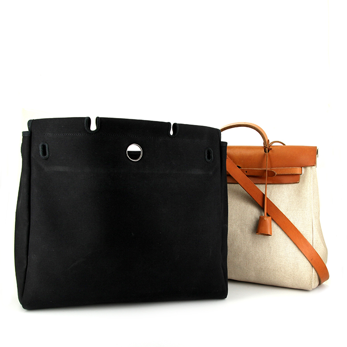 Borsa da viaggio Hermes in pelle naturale e tela nera - Detail D5