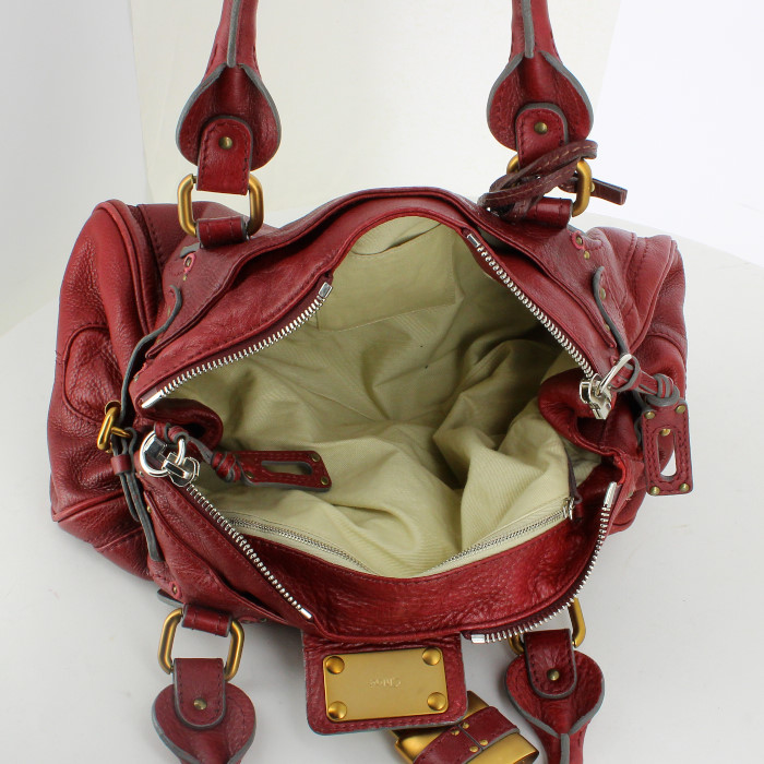 Bolso de mano Chloé Paddington en cuero granulado color burdeos - Detail D2