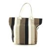 Shopping bag in tela nera marrone beige e bianca rigato e pelle bianca - 360 thumbnail