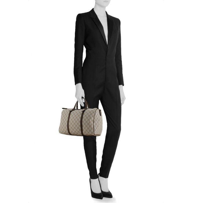 Gucci handbag in beige monogram canvas and brown leather - Detail D2