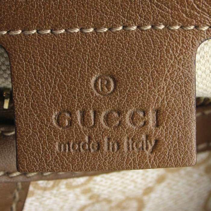Gucci handbag in beige monogram canvas and brown leather - Detail D4
