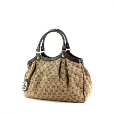Borsa in tela monogram beige e pelle marrone