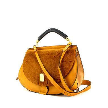 Borsa in puledro marrone e pelle martellata giallo zafferano