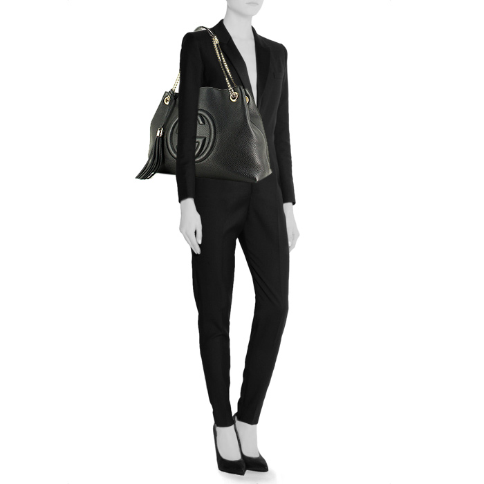 Sac cabas Gucci en cuir grainé noir - Detail D1