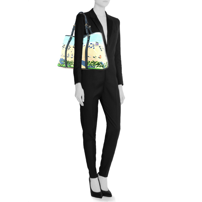 Louis Vuitton shopping bag in beige and blue canvas and navy blue leather - Detail D1