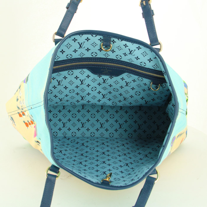 Louis Vuitton shopping bag in beige and blue canvas and navy blue leather - Detail D2
