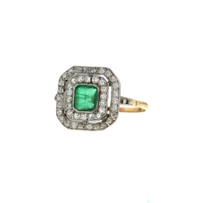 Bague époque Art Déco Vintage en or blanc,  or jaune et diamants et en émeraude