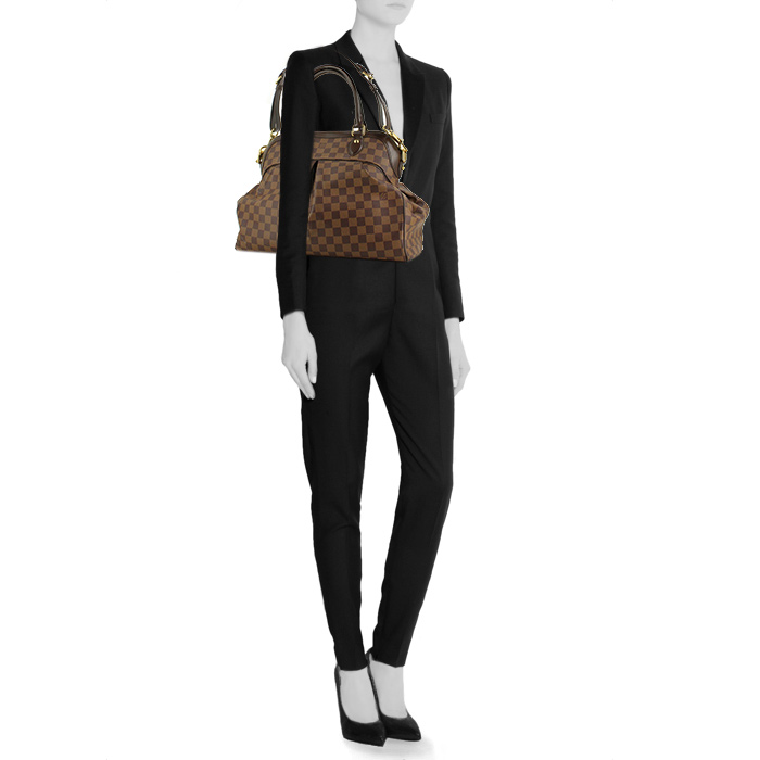 Louis Vuitton handbag in damier canvas and brown leather - Detail D1