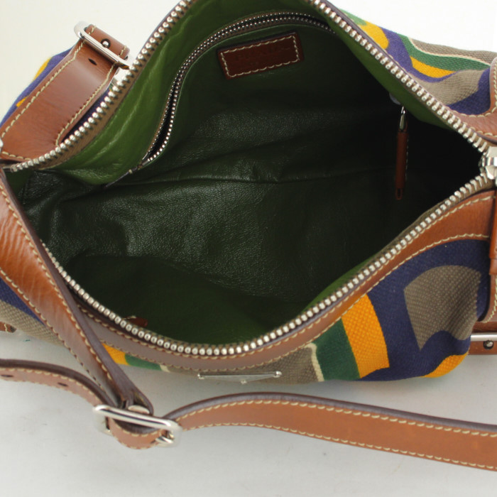 Sac à main Prada en toile bleue , jaune verte et marron et cuir marron - Detail D2