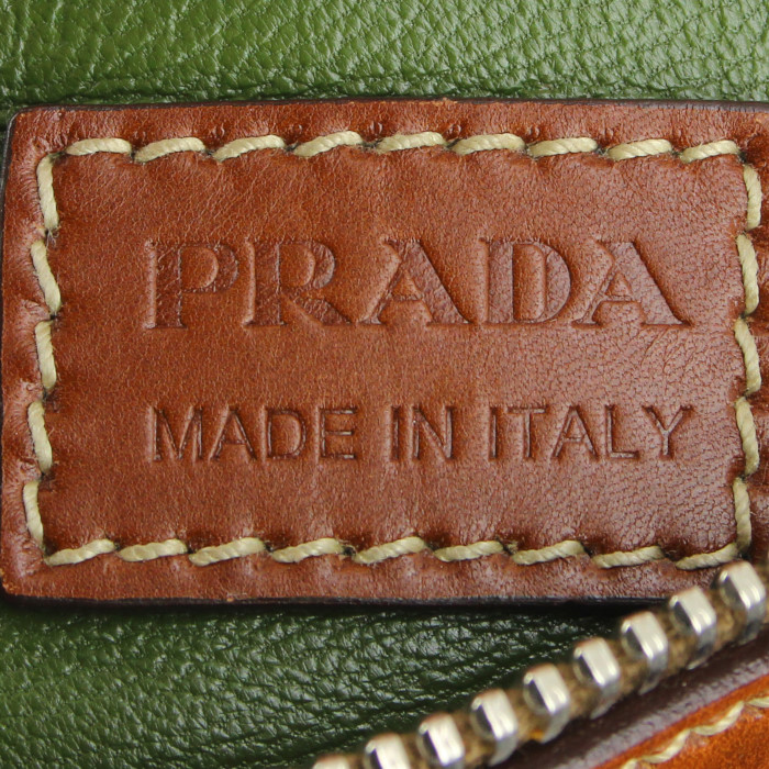 Sac à main Prada en toile bleue , jaune verte et marron et cuir marron - Detail D3