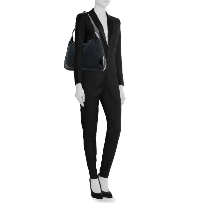 Gucci Jackie handbag in black leather and monogram canvas - Detail D1