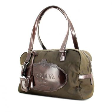 Borsa in tela verde kaki e pelle marrone