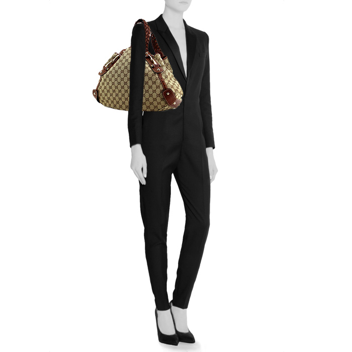Sac à main Gucci en toile monogram beige et cuir marron - Detail D1