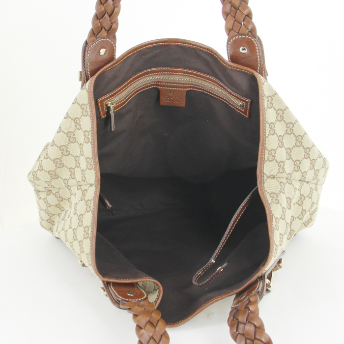 Gucci handbag in beige monogram canvas and brown leather - Detail D2