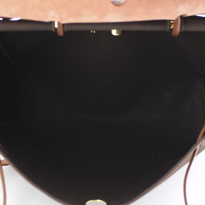 Hermes Herbag travel bag in brown canvas and chocolate brown leather - Detail D3