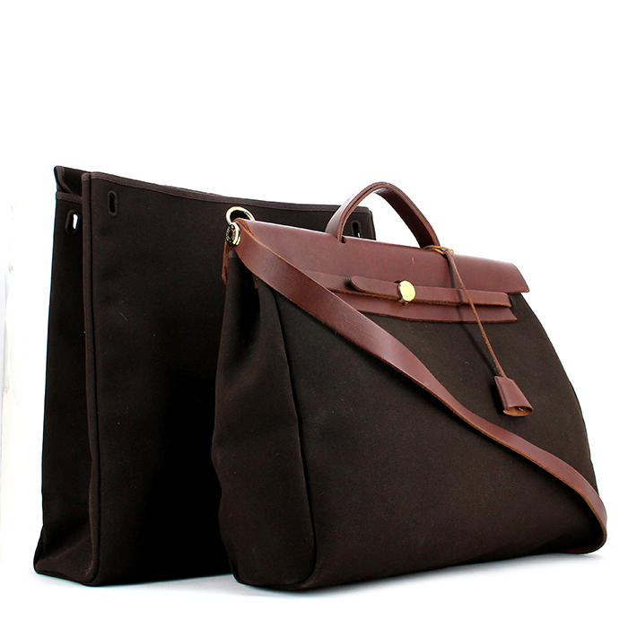 Bolsa de viaje Hermes Herbag en lona marrón y cuero marrón chocolate - Detail D4