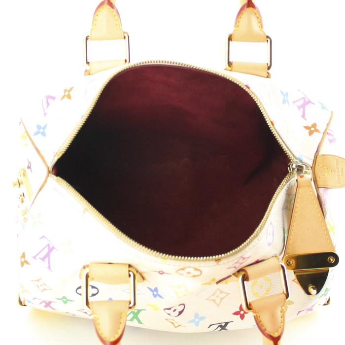 Borsa Louis Vuitton Speedy 30 in tela monogram multicolore bianca e pelle naturale - Detail D2